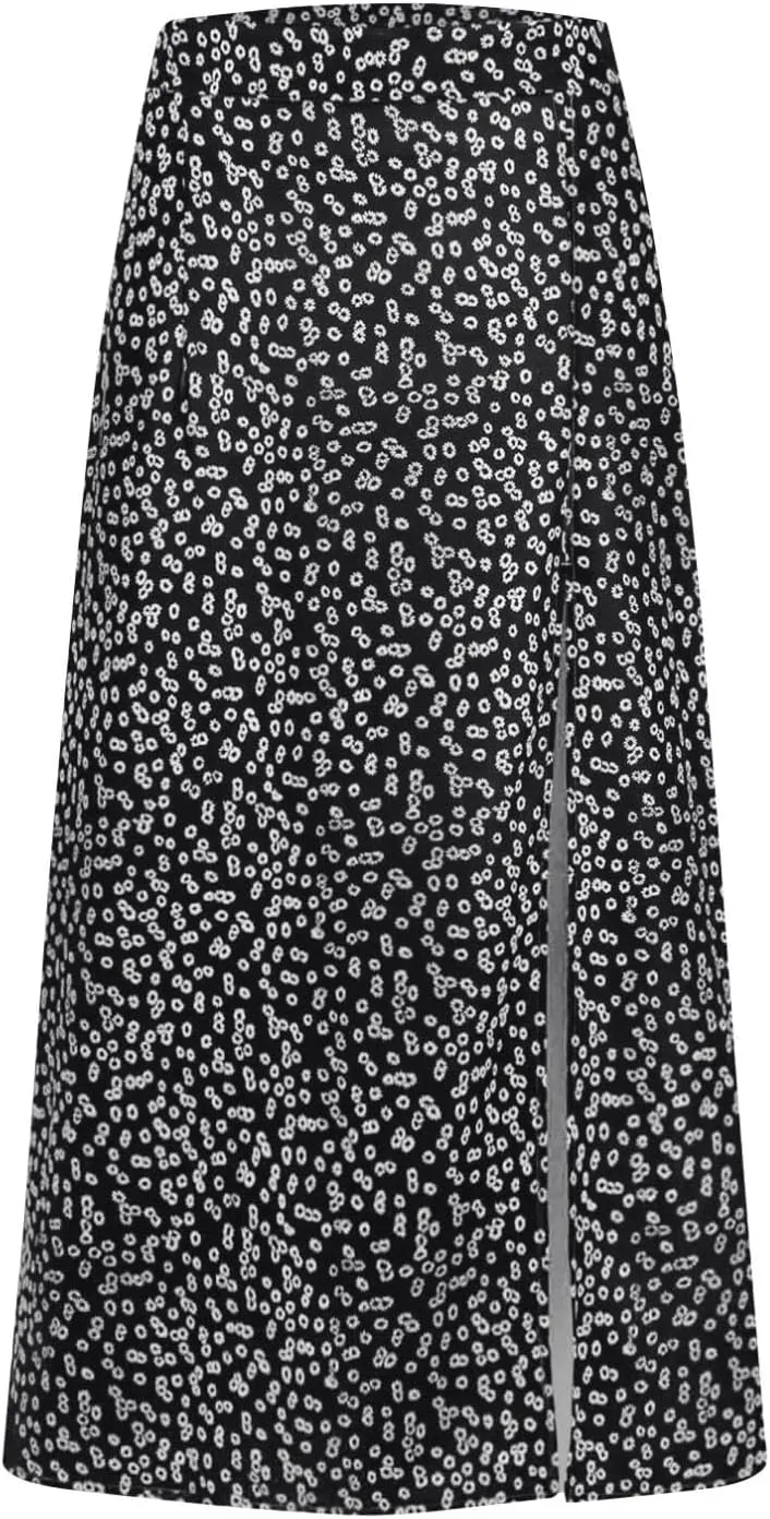 Ditsy Floral Boho Skirt for Women with Slit Summer High Waisted Flowy Midi Skirt Casual A-Line Split Beach Skirt