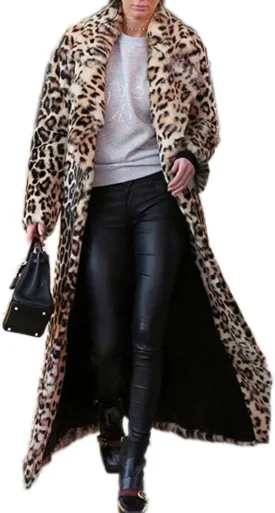 DJBM Women's Sexy Elegant Vintage Leopard Print Lapel Faux Fur Long Maxi Coat Jacket