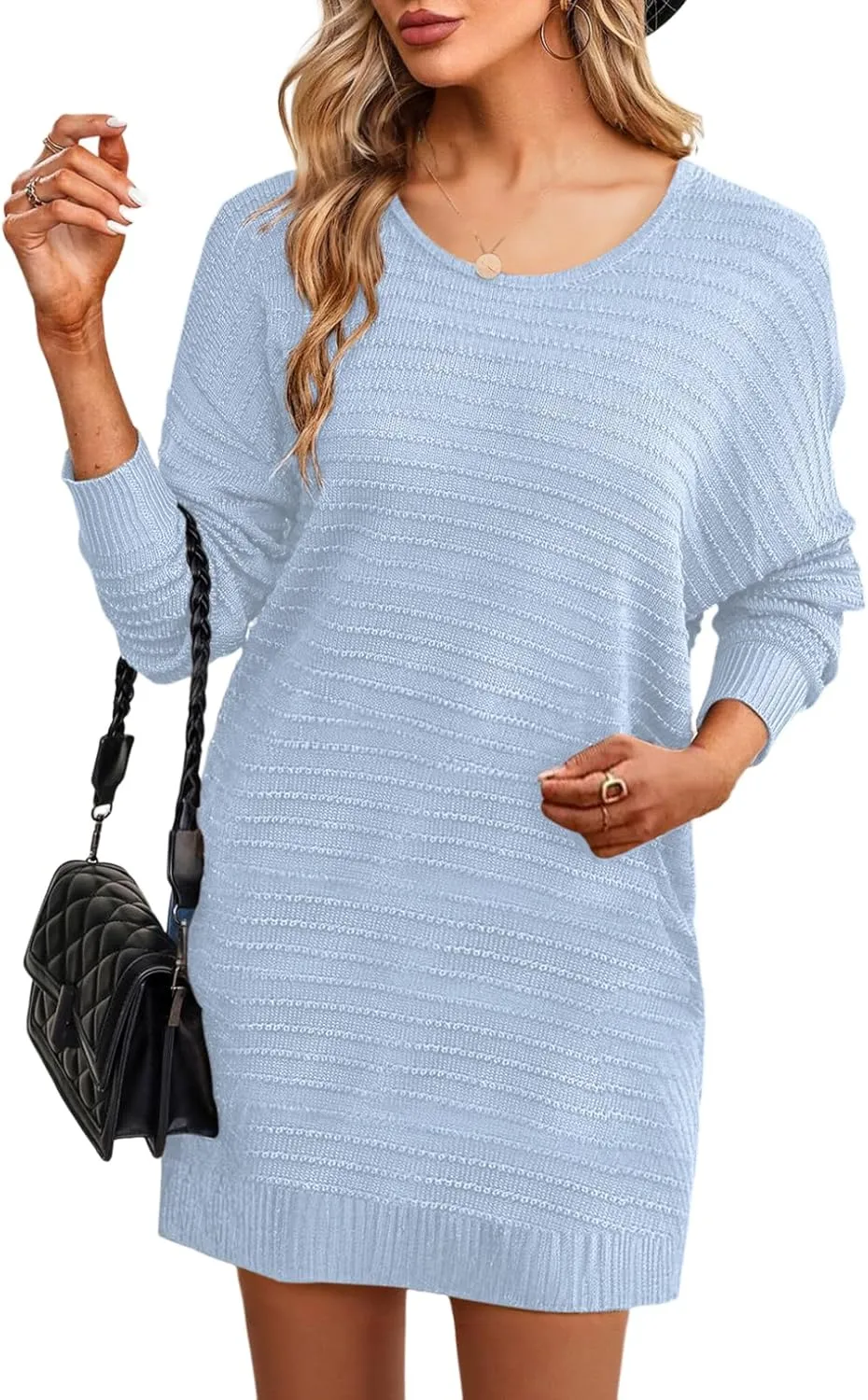 Dokotoo Womens Sweater Dresses 2024 Trendy Casual Crew Neck Long Sleeve Textured Pullover Knit Dress