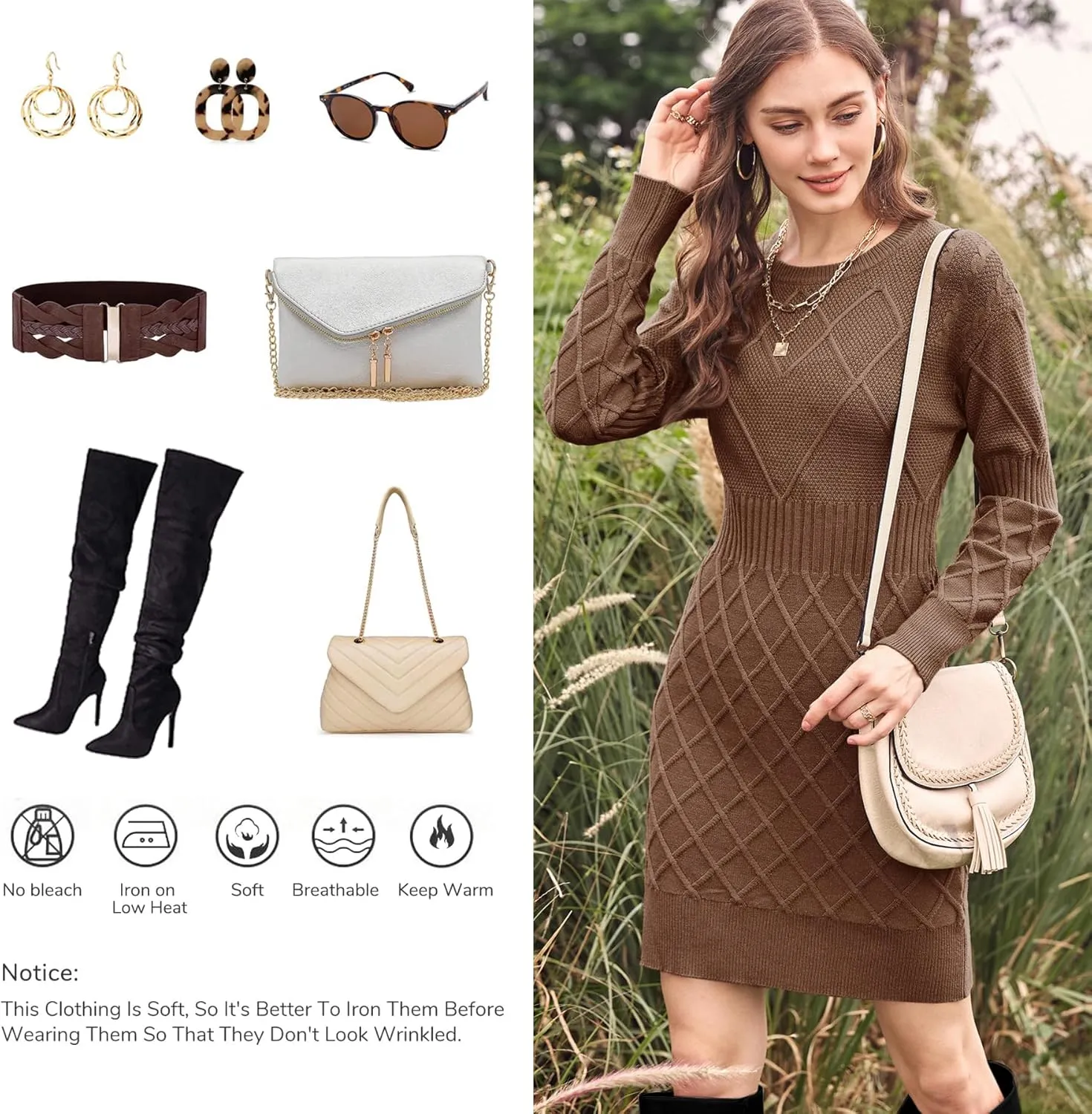 Dyexces Womens Sweater Dress Long Sleeve Crewneck Diamond Knit Sweater Dresses Sexy Slim Fit Pullover Dress