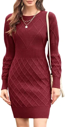 Dyexces Womens Sweater Dress Long Sleeve Crewneck Diamond Knit Sweater Dresses Sexy Slim Fit Pullover Dress