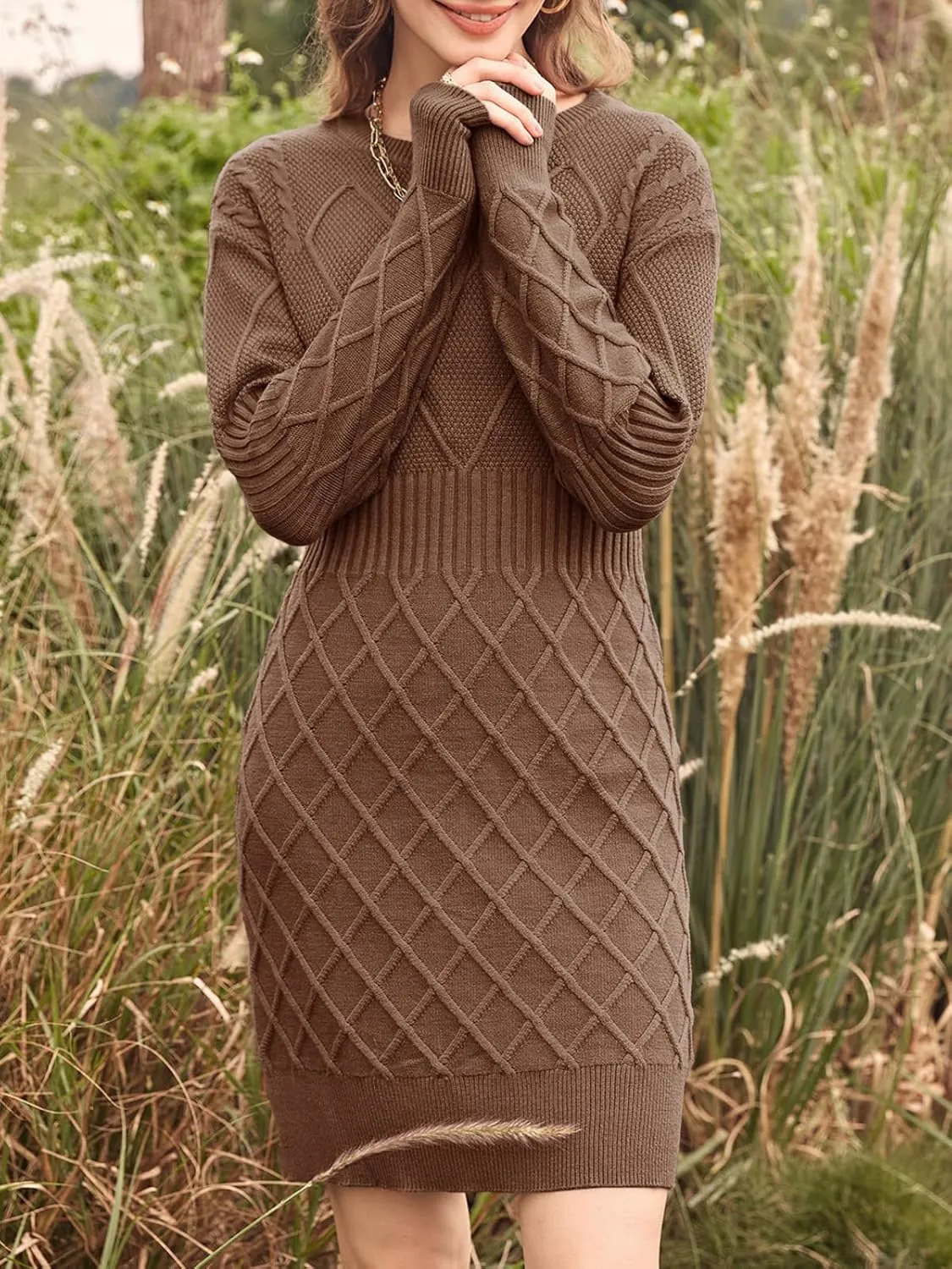 Dyexces Womens Sweater Dress Long Sleeve Crewneck Diamond Knit Sweater Dresses Sexy Slim Fit Pullover Dress