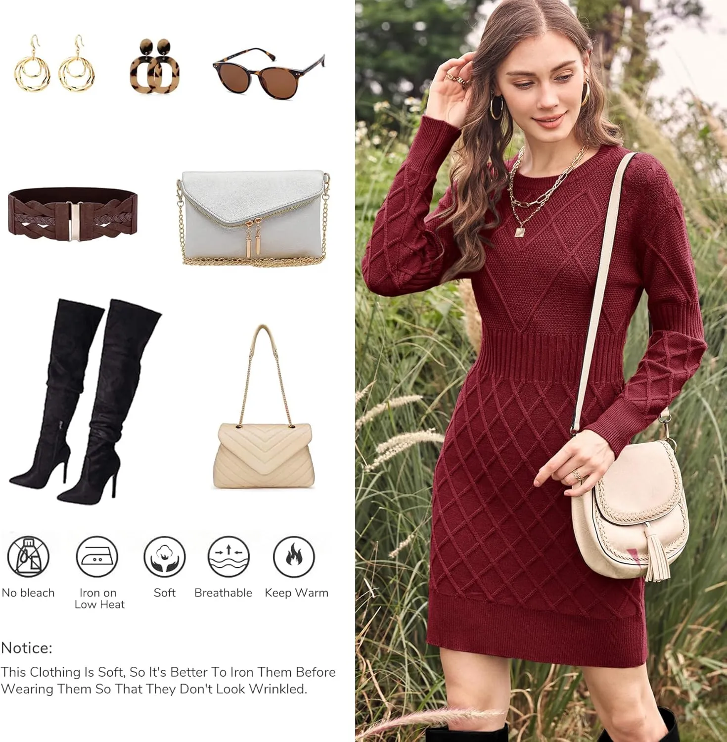 Dyexces Womens Sweater Dress Long Sleeve Crewneck Diamond Knit Sweater Dresses Sexy Slim Fit Pullover Dress