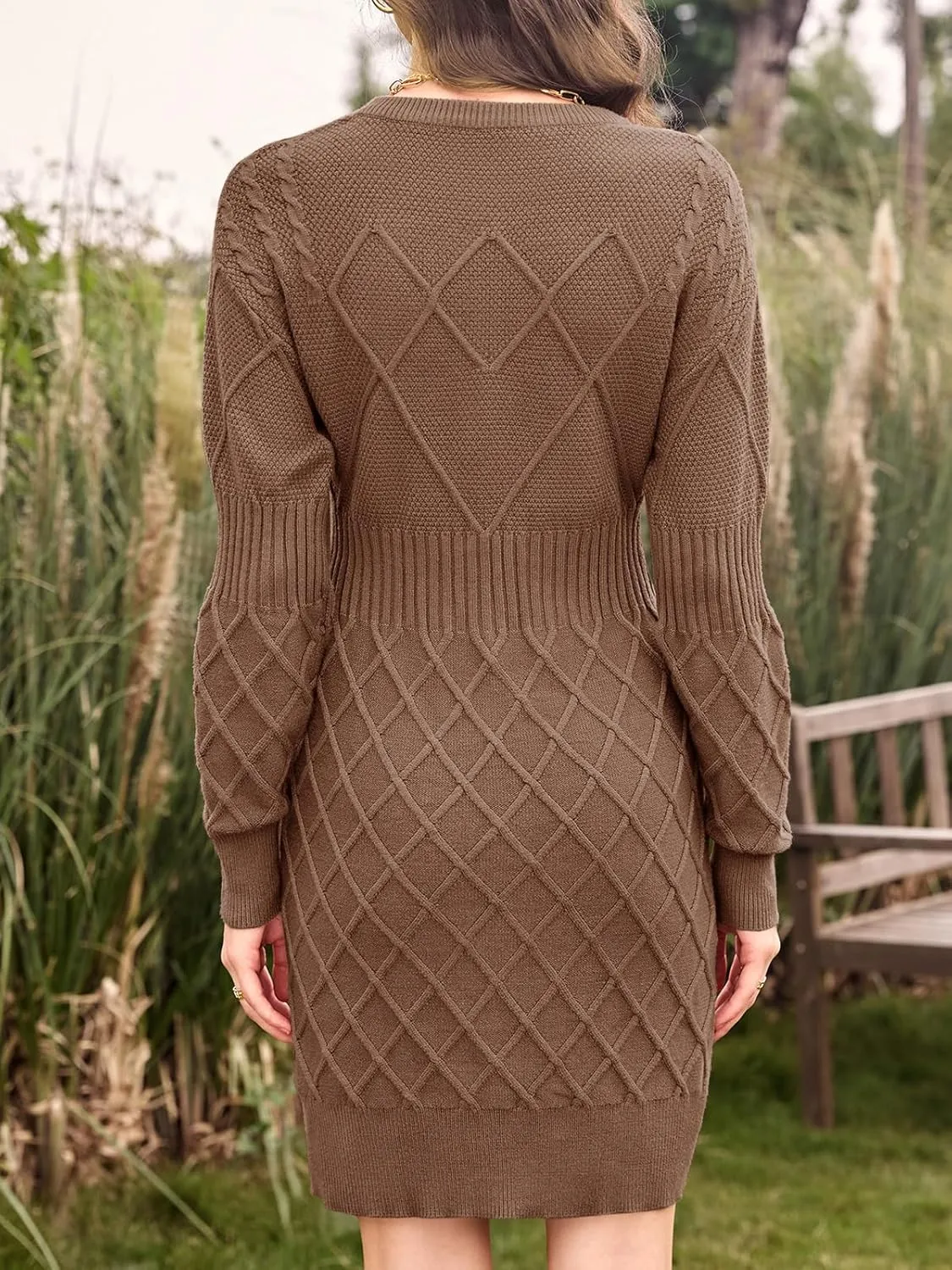 Dyexces Womens Sweater Dress Long Sleeve Crewneck Diamond Knit Sweater Dresses Sexy Slim Fit Pullover Dress