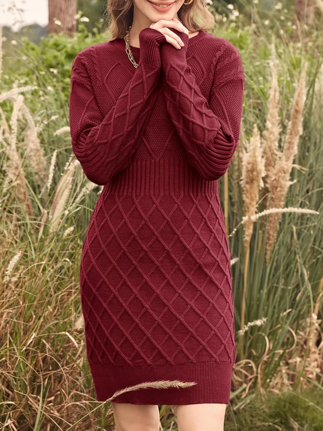 Dyexces Womens Sweater Dress Long Sleeve Crewneck Diamond Knit Sweater Dresses Sexy Slim Fit Pullover Dress