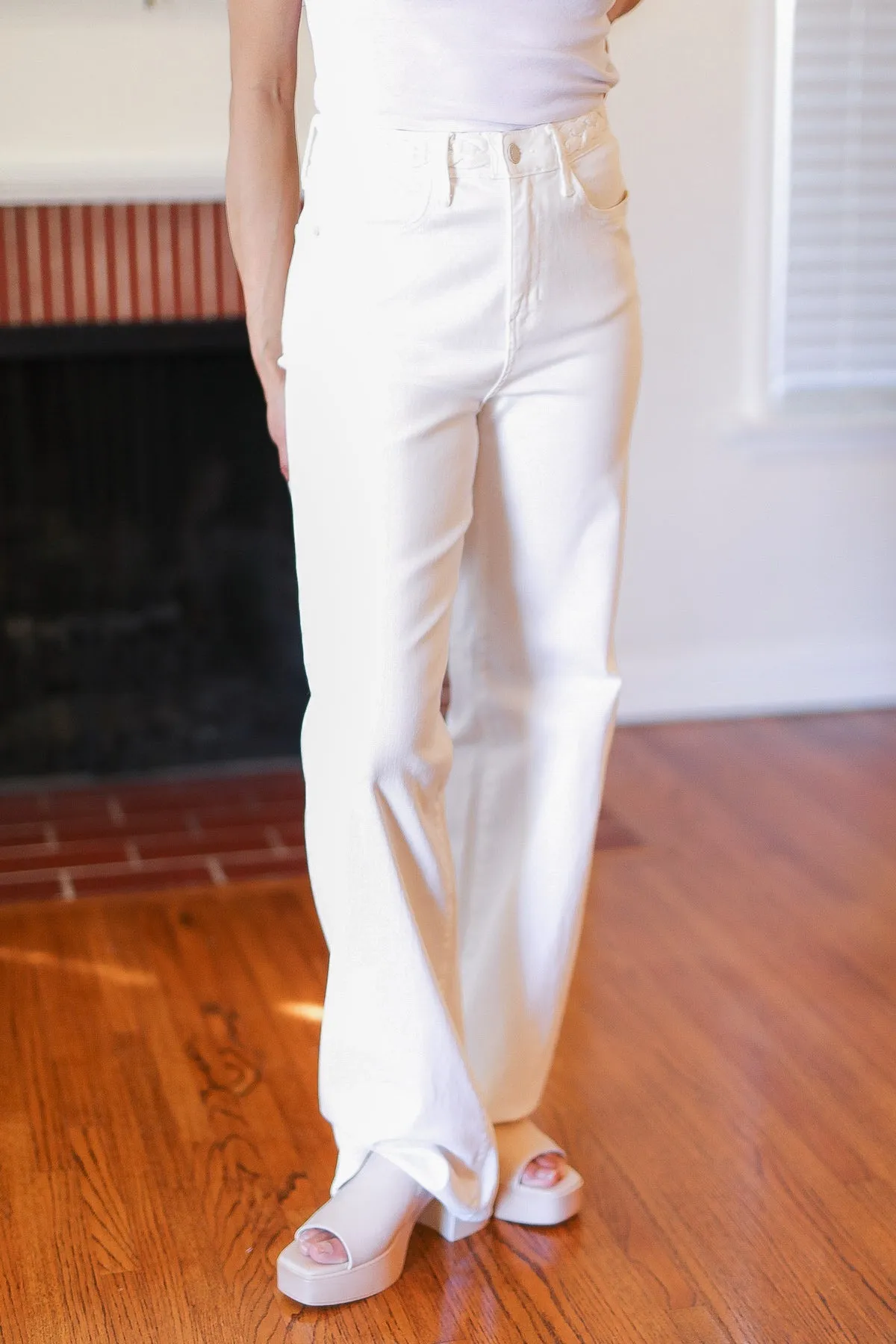 Explore More Collection - Above & Beyond White Braided Waist Wide Leg Jeans