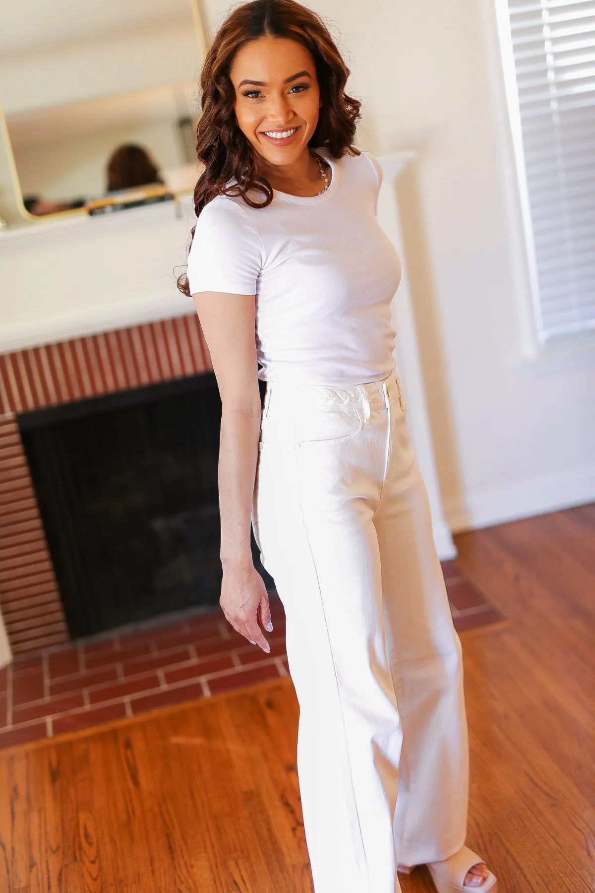 Explore More Collection - Above & Beyond White Braided Waist Wide Leg Jeans