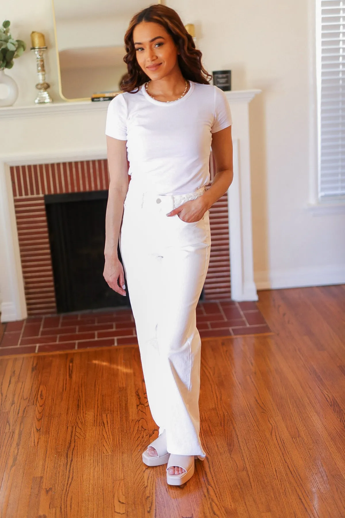 Explore More Collection - Above & Beyond White Braided Waist Wide Leg Jeans