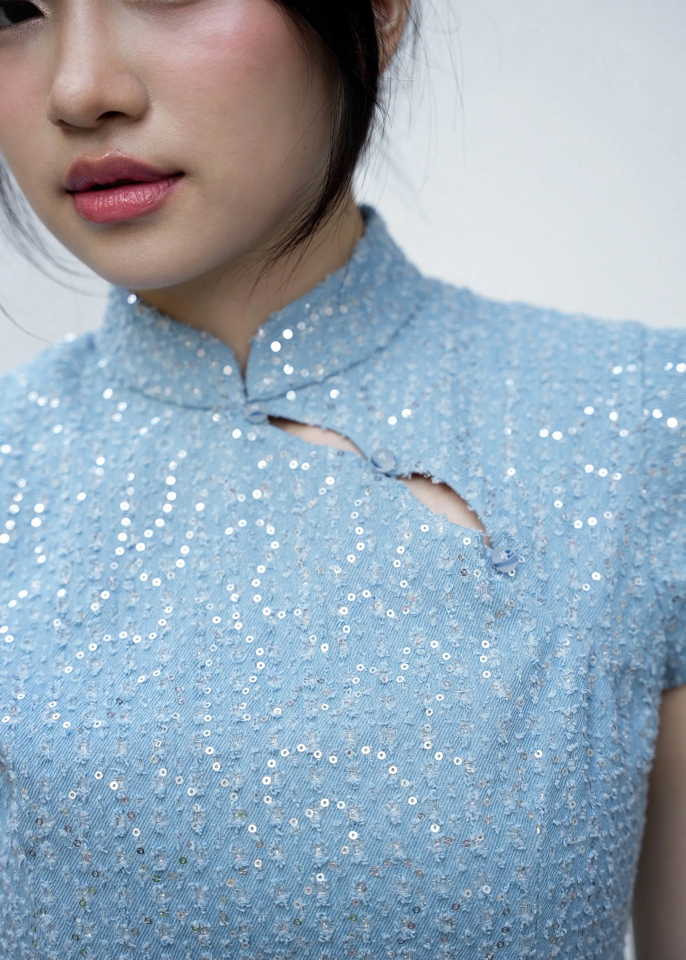 Flutter Sleeves Denim Qipao Top