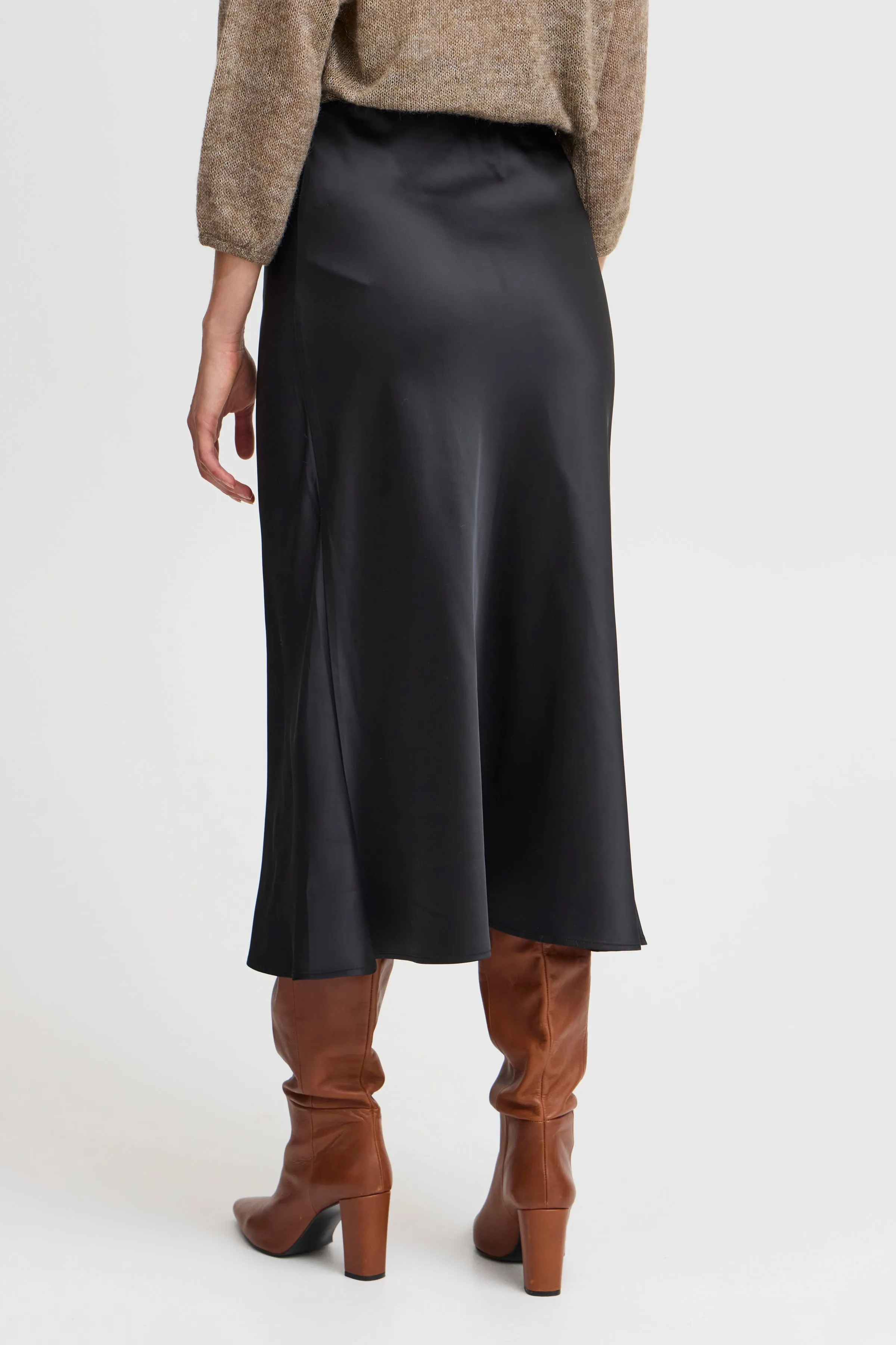 Fransa Black Satin Bias cut midi skirt 20614112