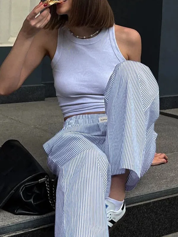High Waisted Loose Elasticity Split-Joint Striped Pants Trousers