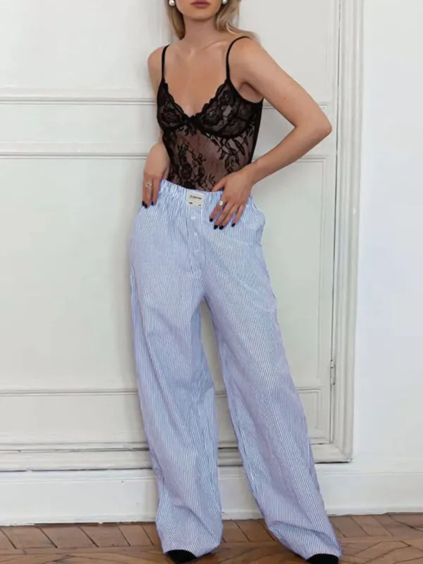 High Waisted Loose Elasticity Split-Joint Striped Pants Trousers
