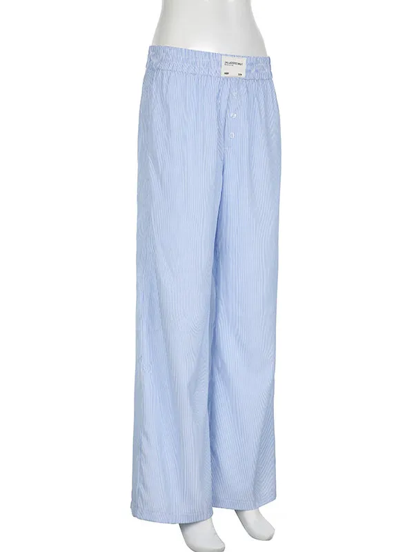 High Waisted Loose Elasticity Split-Joint Striped Pants Trousers