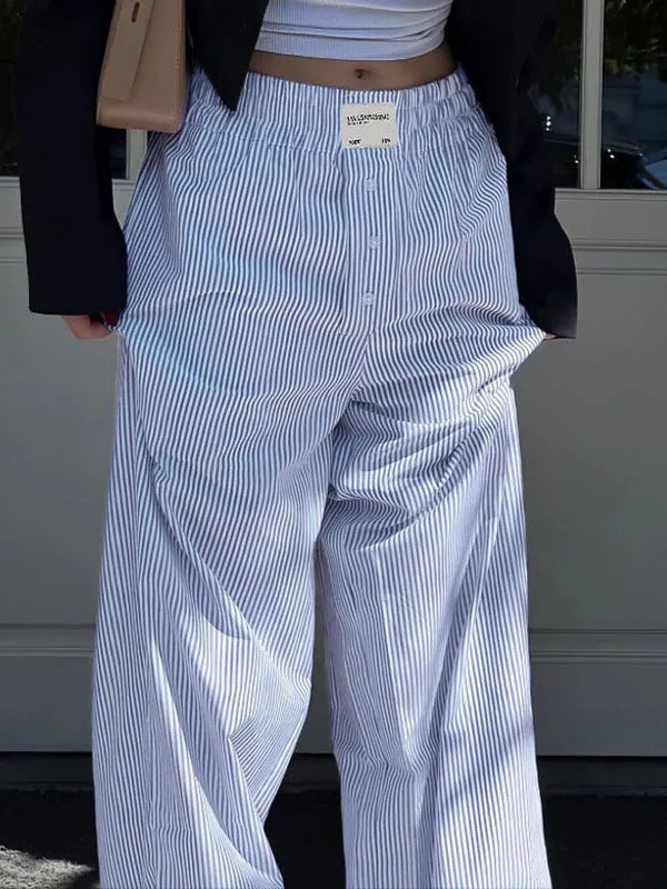 High Waisted Loose Elasticity Split-Joint Striped Pants Trousers