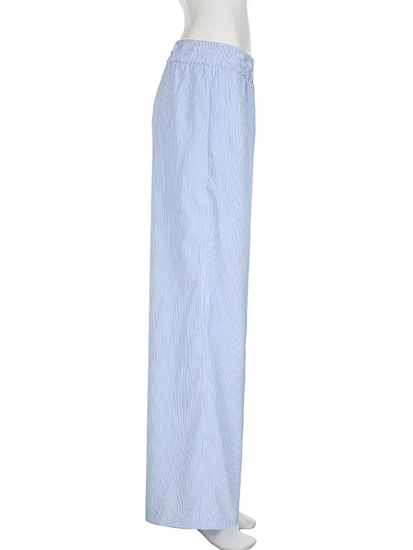 High Waisted Loose Elasticity Split-Joint Striped Pants Trousers