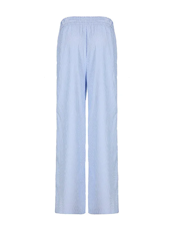 High Waisted Loose Elasticity Split-Joint Striped Pants Trousers