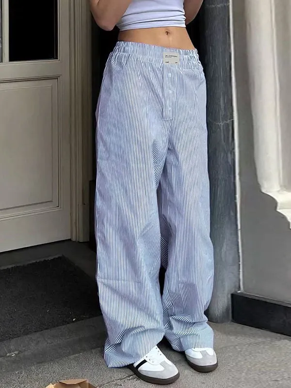 High Waisted Loose Elasticity Split-Joint Striped Pants Trousers