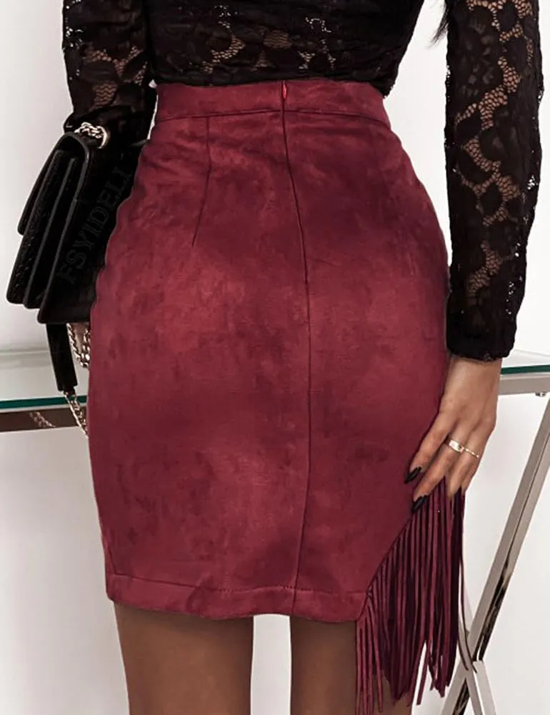 Kinghua Women's Suede Fringe Skirt High Waisted Bodycon Pencil Mini Skirt