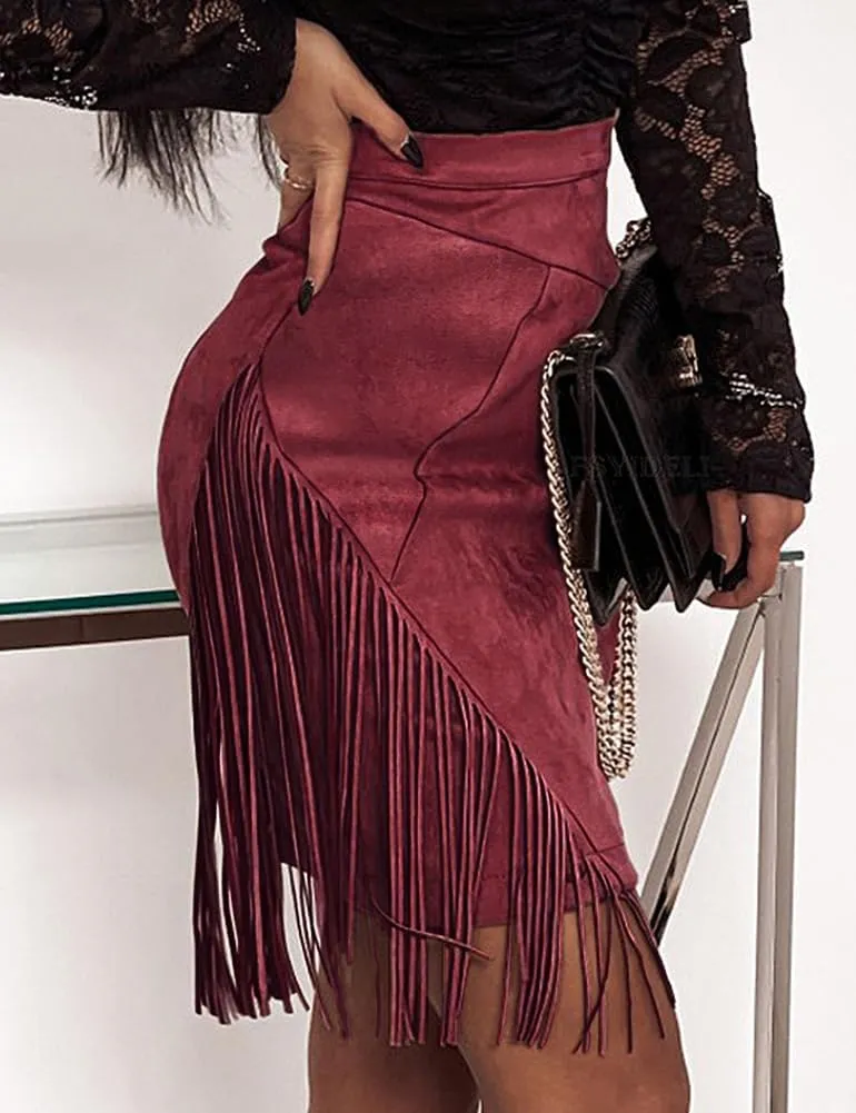Kinghua Women's Suede Fringe Skirt High Waisted Bodycon Pencil Mini Skirt