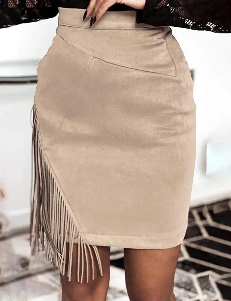 Kinghua Women's Suede Fringe Skirt High Waisted Bodycon Pencil Mini Skirt