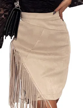 Kinghua Women's Suede Fringe Skirt High Waisted Bodycon Pencil Mini Skirt