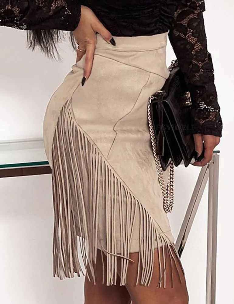 Kinghua Women's Suede Fringe Skirt High Waisted Bodycon Pencil Mini Skirt