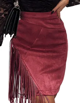 Kinghua Women's Suede Fringe Skirt High Waisted Bodycon Pencil Mini Skirt