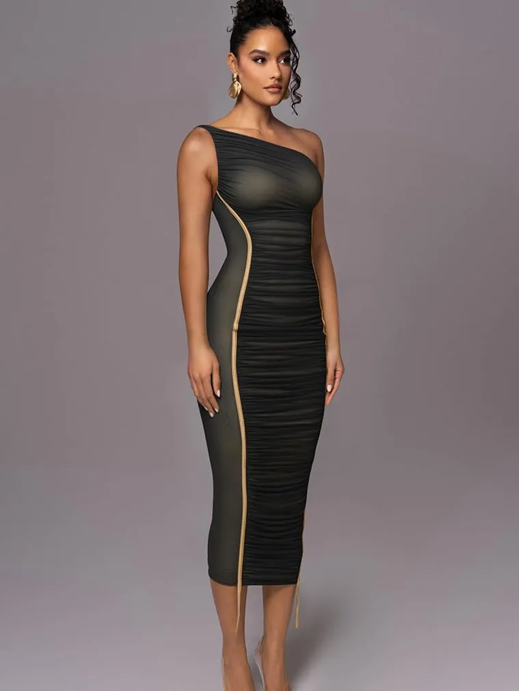 LAGSHIAN Women's Sexy Bodycon Cocktail One Shoulder Sleeveless Mesh Ruched Midi Party Dress