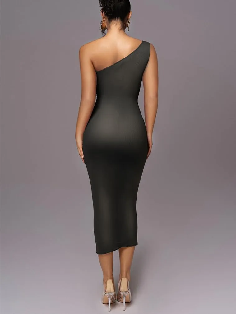 LAGSHIAN Women's Sexy Bodycon Cocktail One Shoulder Sleeveless Mesh Ruched Midi Party Dress