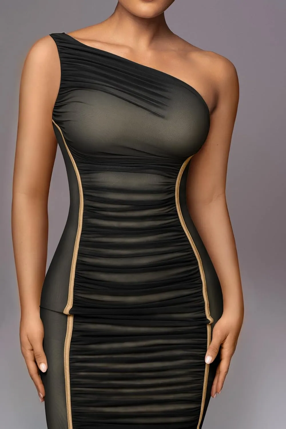 LAGSHIAN Women's Sexy Bodycon Cocktail One Shoulder Sleeveless Mesh Ruched Midi Party Dress