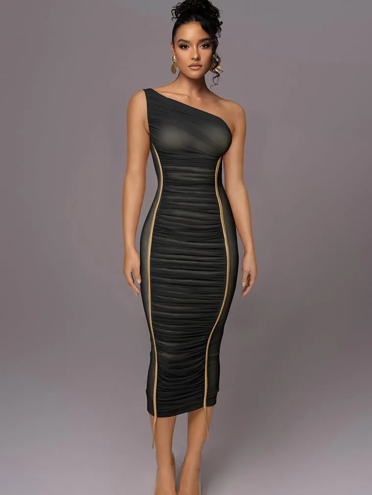 LAGSHIAN Women's Sexy Bodycon Cocktail One Shoulder Sleeveless Mesh Ruched Midi Party Dress