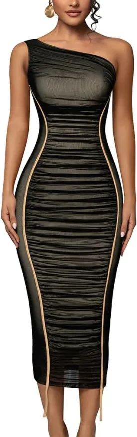 LAGSHIAN Women's Sexy Bodycon Cocktail One Shoulder Sleeveless Mesh Ruched Midi Party Dress