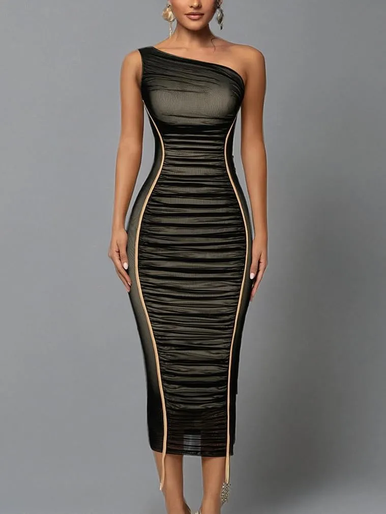 LAGSHIAN Women's Sexy Bodycon Cocktail One Shoulder Sleeveless Mesh Ruched Midi Party Dress