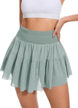 Loovoo Womens Pleated Ruffle Mini Skirt Flowy Lace High Waist Casual Skort Mesh Versatile Athletic Shorts with Pockets