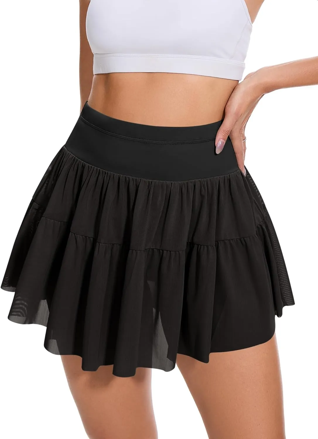 Loovoo Womens Pleated Ruffle Mini Skirt Flowy Lace High Waist Casual Skort Mesh Versatile Athletic Shorts with Pockets