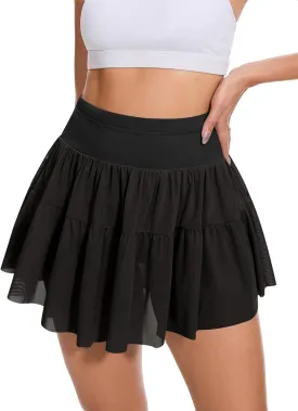 Loovoo Womens Pleated Ruffle Mini Skirt Flowy Lace High Waist Casual Skort Mesh Versatile Athletic Shorts with Pockets