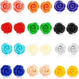 LOYALLOOK 12 Pairs Assorted Colors Resin Rose Flower Earring Studs Set Stainless Steel Post,Nickel-free