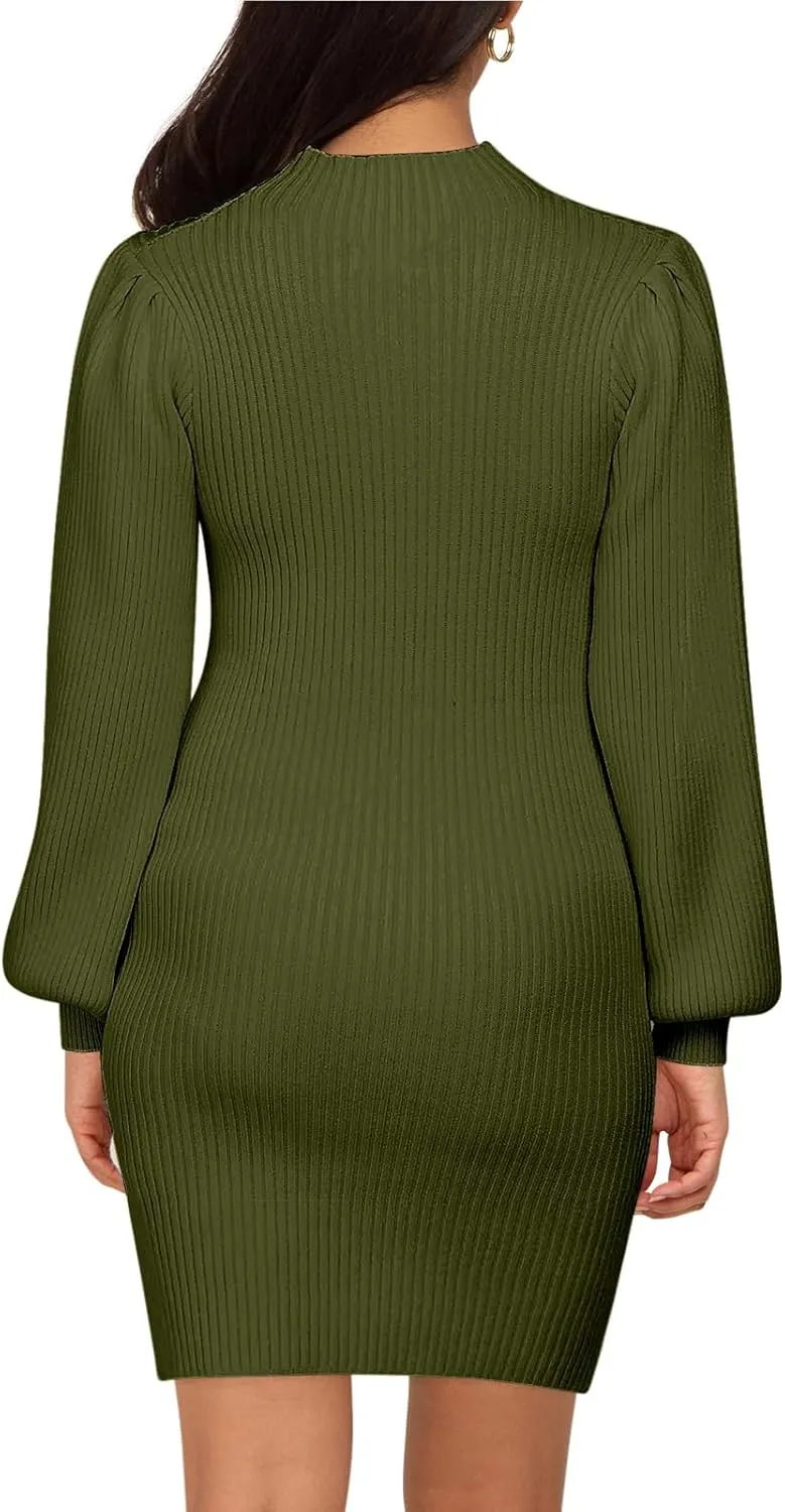 Lueluoye Maternity Sweater Dress for Pregnant Women Turtleneck Puff Sleeve Knit Slim Fit Bodycon Mini Dress