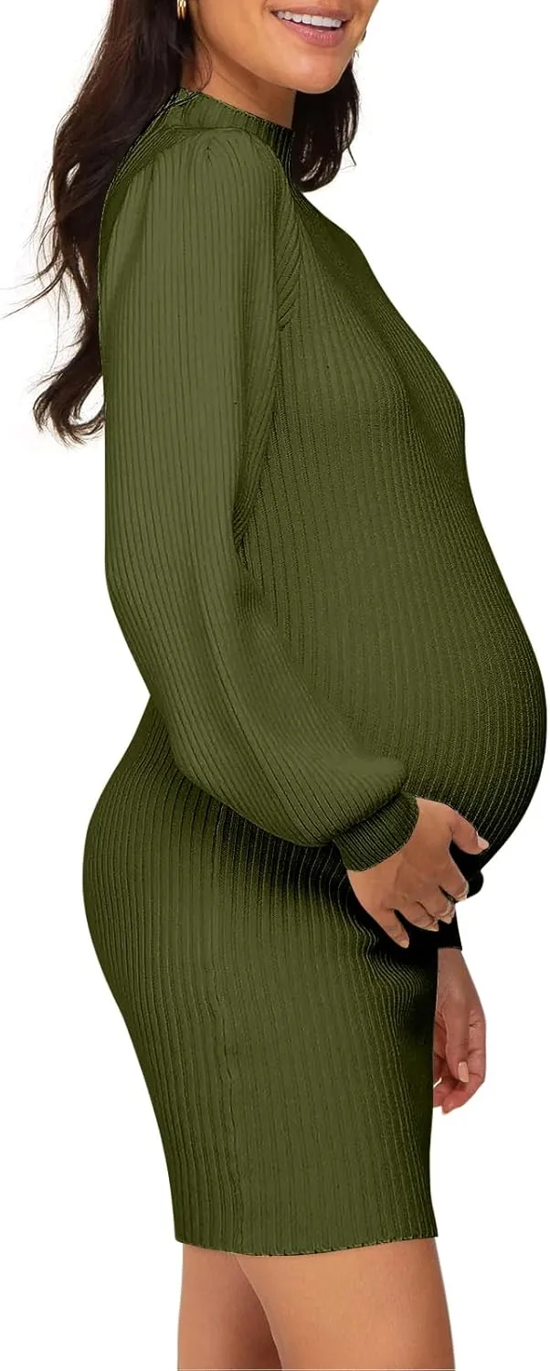 Lueluoye Maternity Sweater Dress for Pregnant Women Turtleneck Puff Sleeve Knit Slim Fit Bodycon Mini Dress