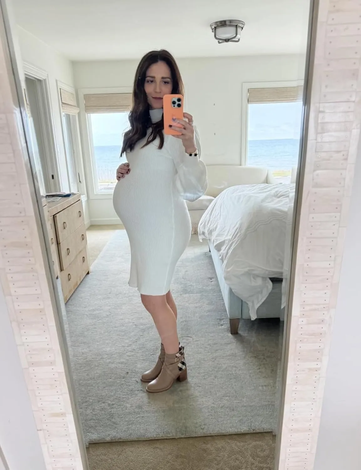 Lueluoye Maternity Sweater Dress for Pregnant Women Turtleneck Puff Sleeve Knit Slim Fit Bodycon Mini Dress