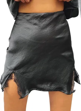 LYANER Women's Satin Silky Lace Trim Split Slit Hem Zipper High Wasit Mini Short Skirt
