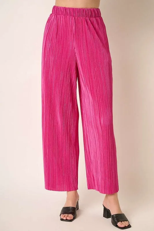 Magenta Pleated Satin Elastic Waist Wide Leg Pants