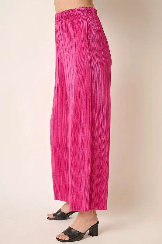 Magenta Pleated Satin Elastic Waist Wide Leg Pants