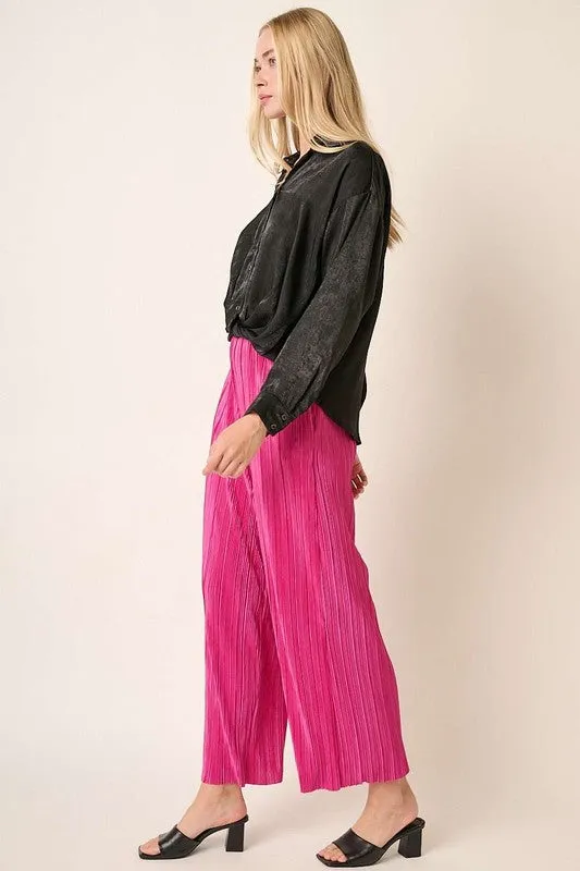 Magenta Pleated Satin Elastic Waist Wide Leg Pants