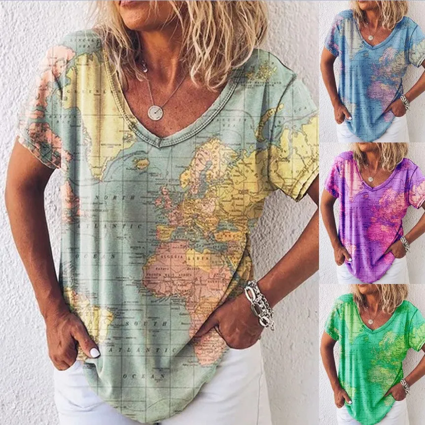 Map printing V-neck short-sleeved bottoming shirt T-shirt women's top