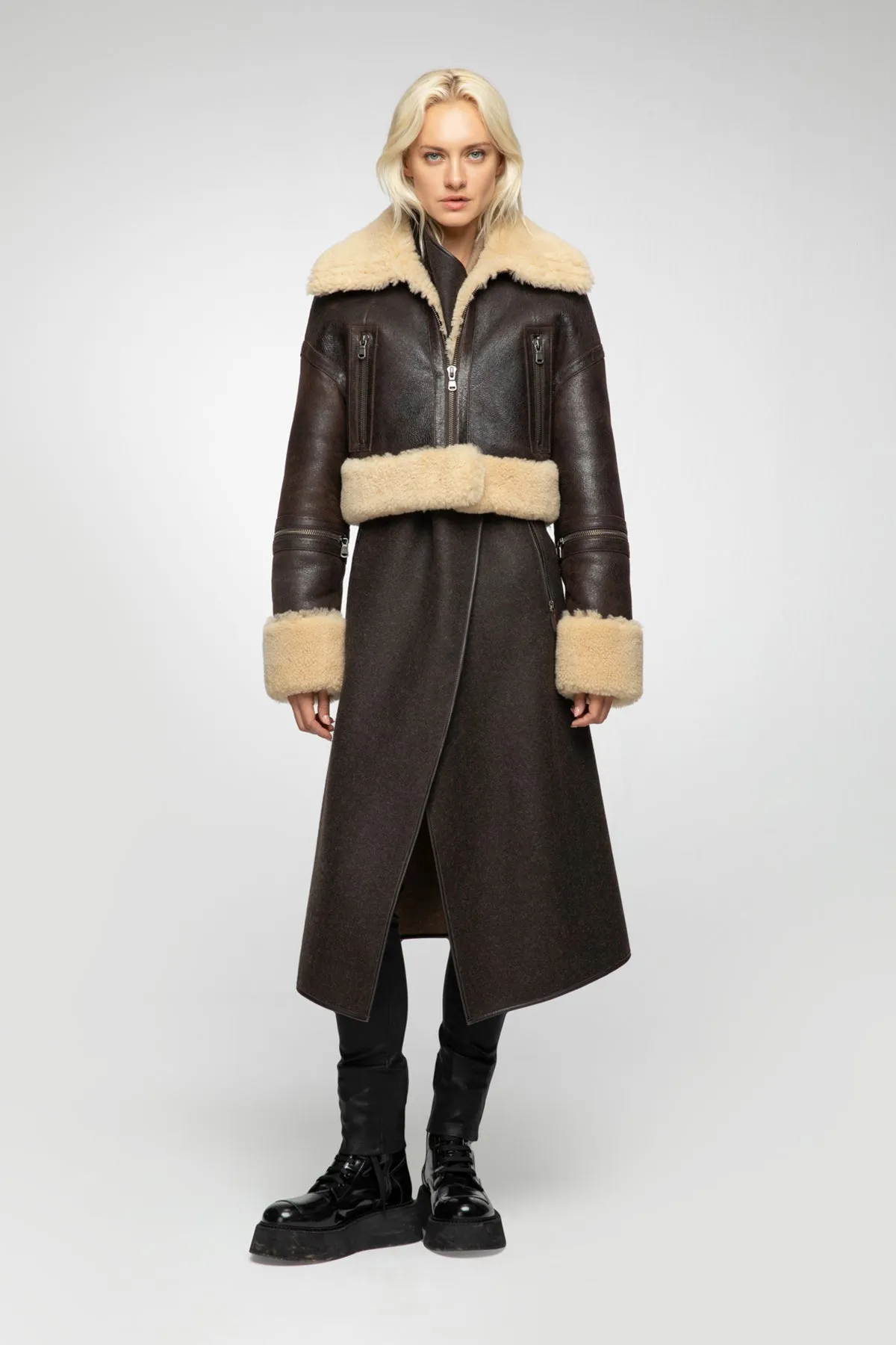 Mari - Brown Beige Shearling Jacket