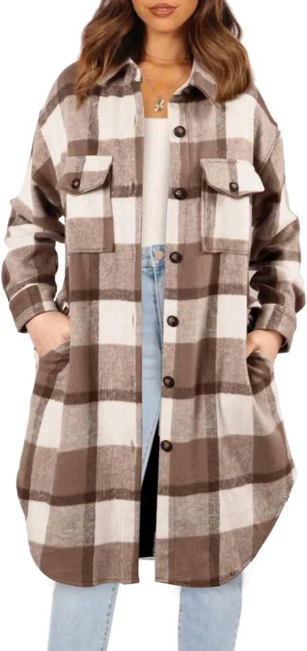 NIeyook Plaid Shacket Jacket Women Button Down Long Flannel Shirt Fall Oversized Jackets Casual Shaket Lapel Winter Coats