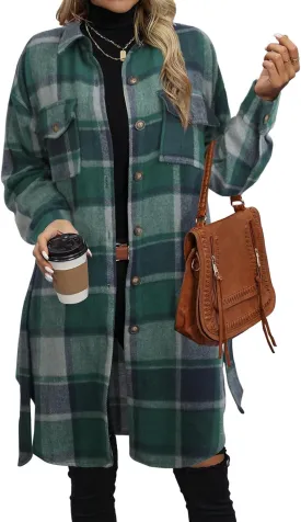 NIeyook Plaid Shacket Jacket Women Button Down Long Flannel Shirt Fall Oversized Jackets Casual Shaket Lapel Winter Coats