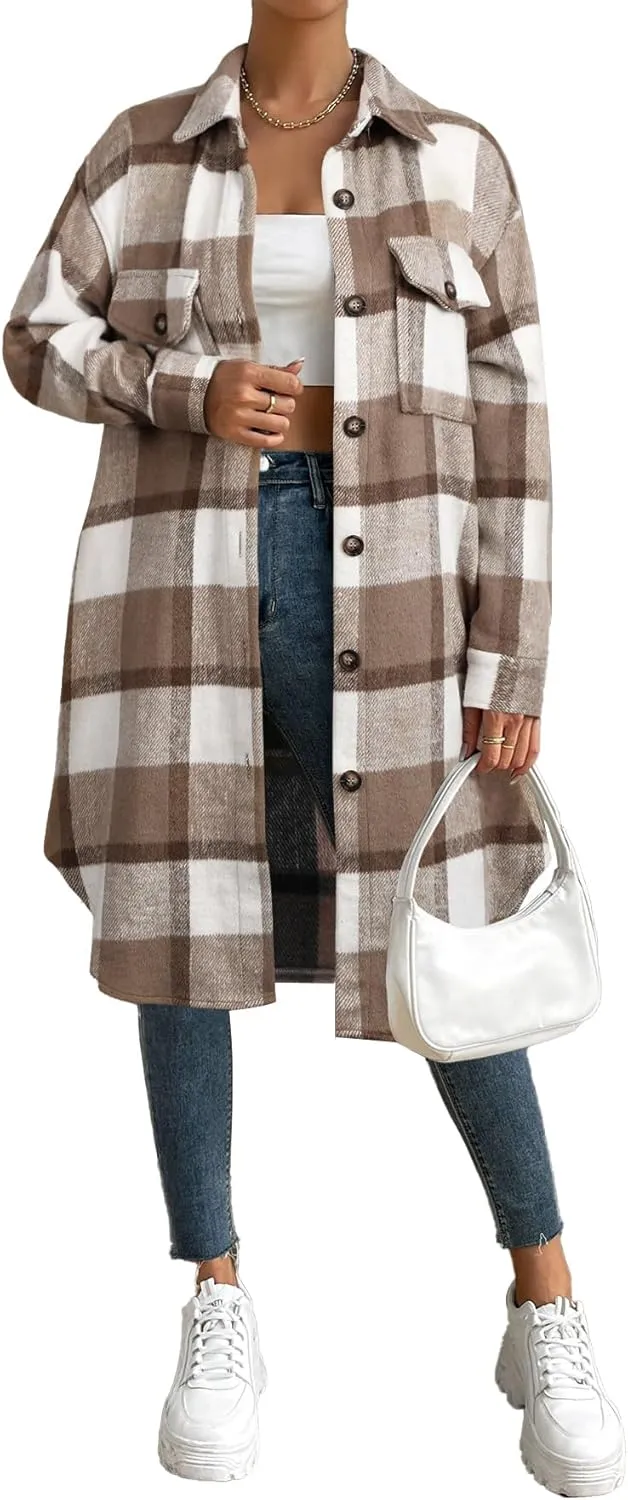 NIeyook Plaid Shacket Jacket Women Button Down Long Flannel Shirt Fall Oversized Jackets Casual Shaket Lapel Winter Coats