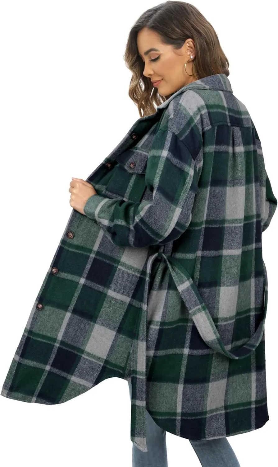 NIeyook Plaid Shacket Jacket Women Button Down Long Flannel Shirt Fall Oversized Jackets Casual Shaket Lapel Winter Coats